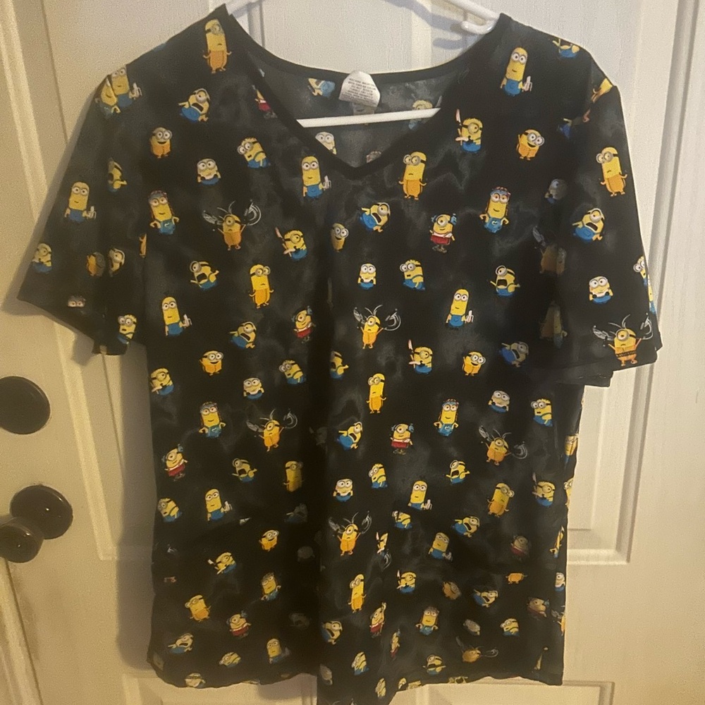 Scrubstar Black V-Neck Short Sleeve Tee with Yellow Minion Print